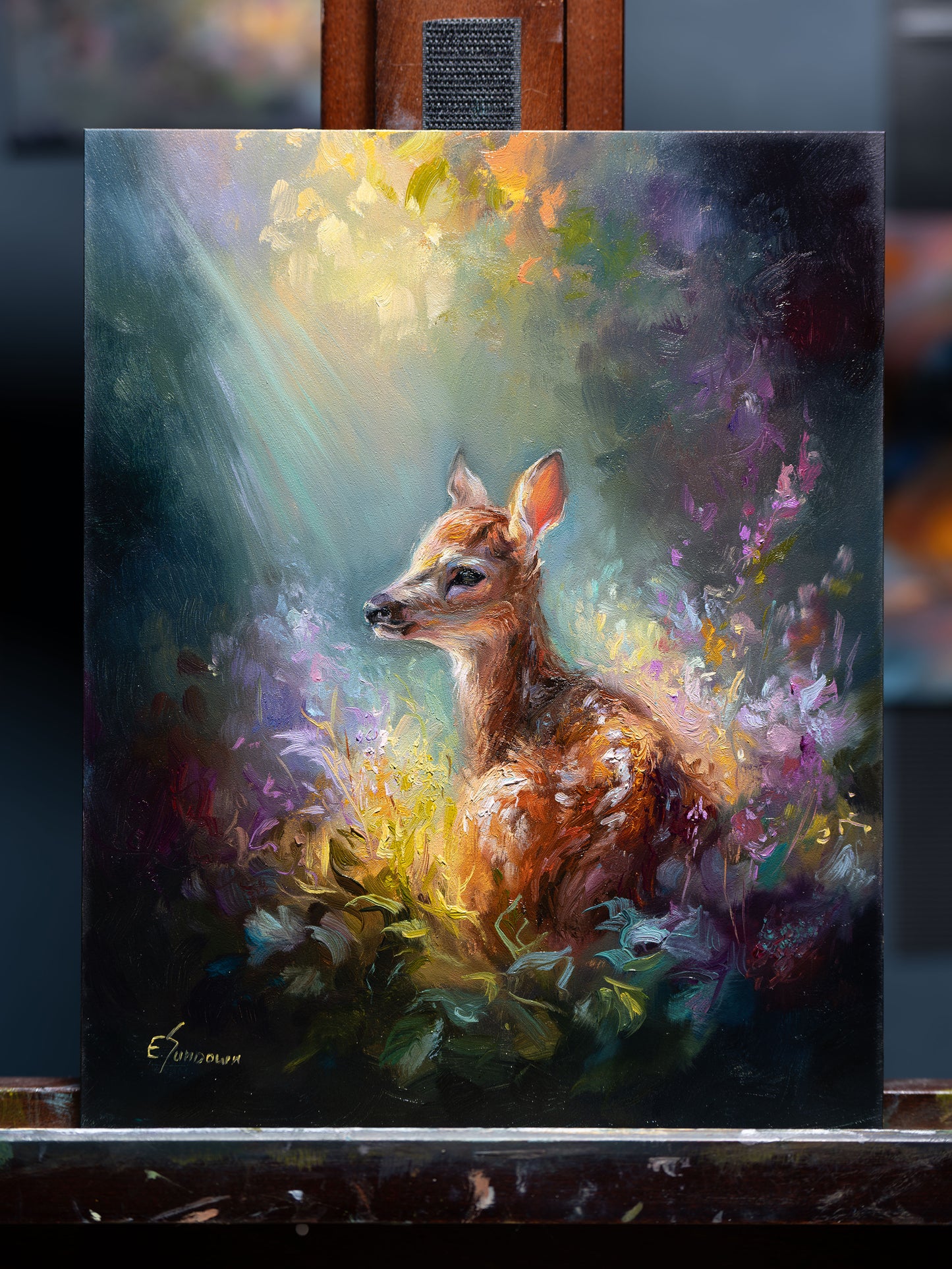 Quiet Glow – Original 8x10 Inch Oil Painting of a Fawn in Wildflowers by Eve Sundown