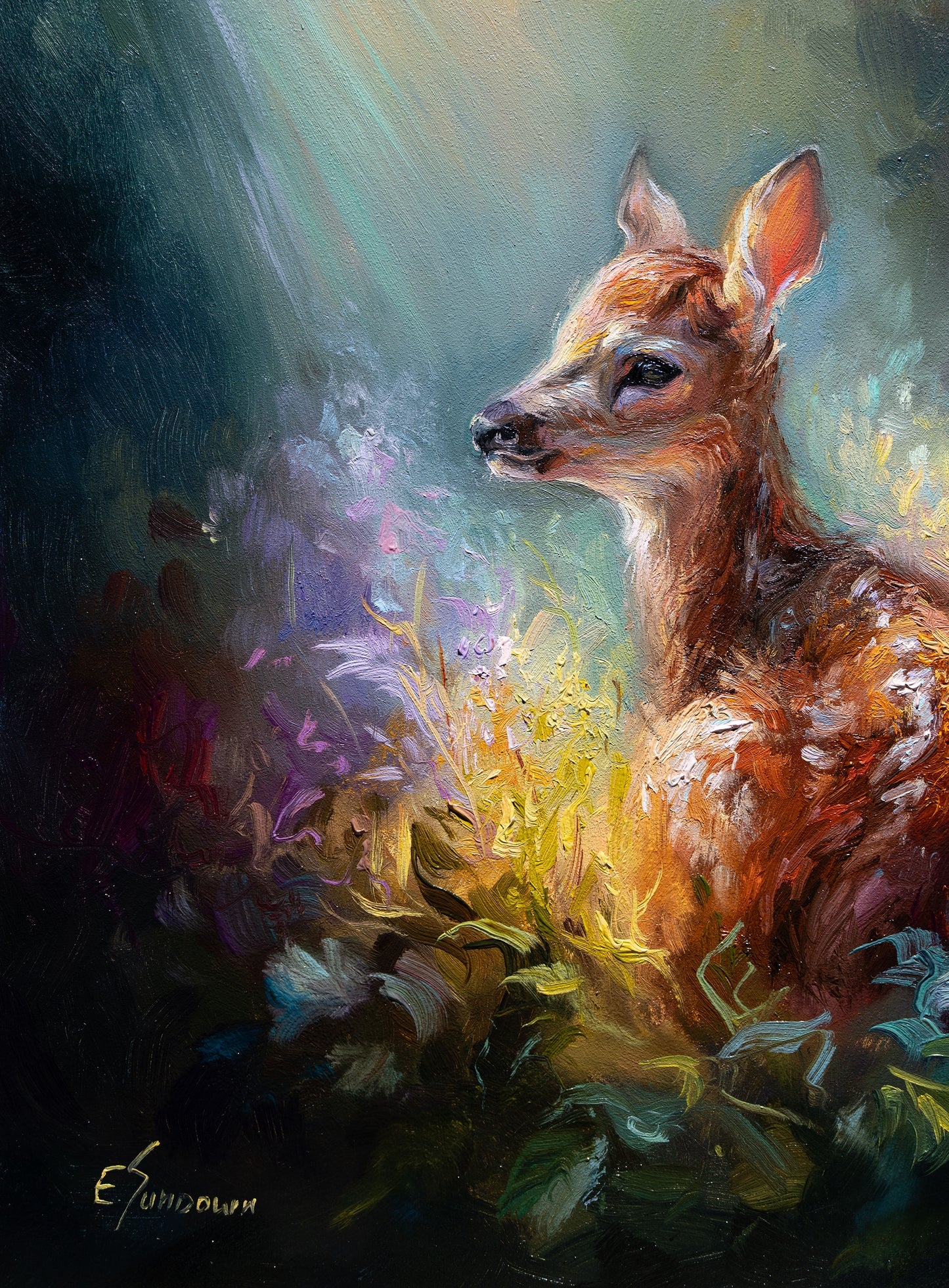 Quiet Glow – Original 8x10 Inch Oil Painting of a Fawn in Wildflowers by Eve Sundown