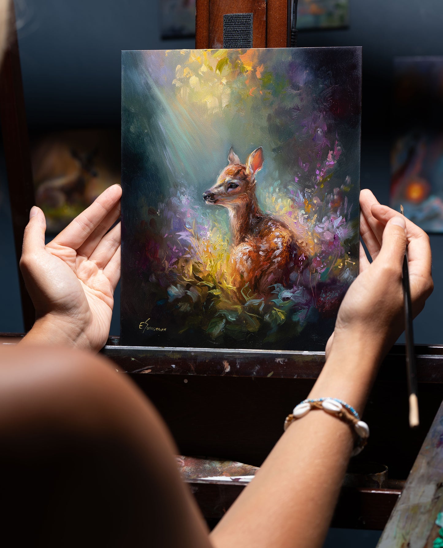 Quiet Glow – Original 8x10 Inch Oil Painting of a Fawn in Wildflowers by Eve Sundown