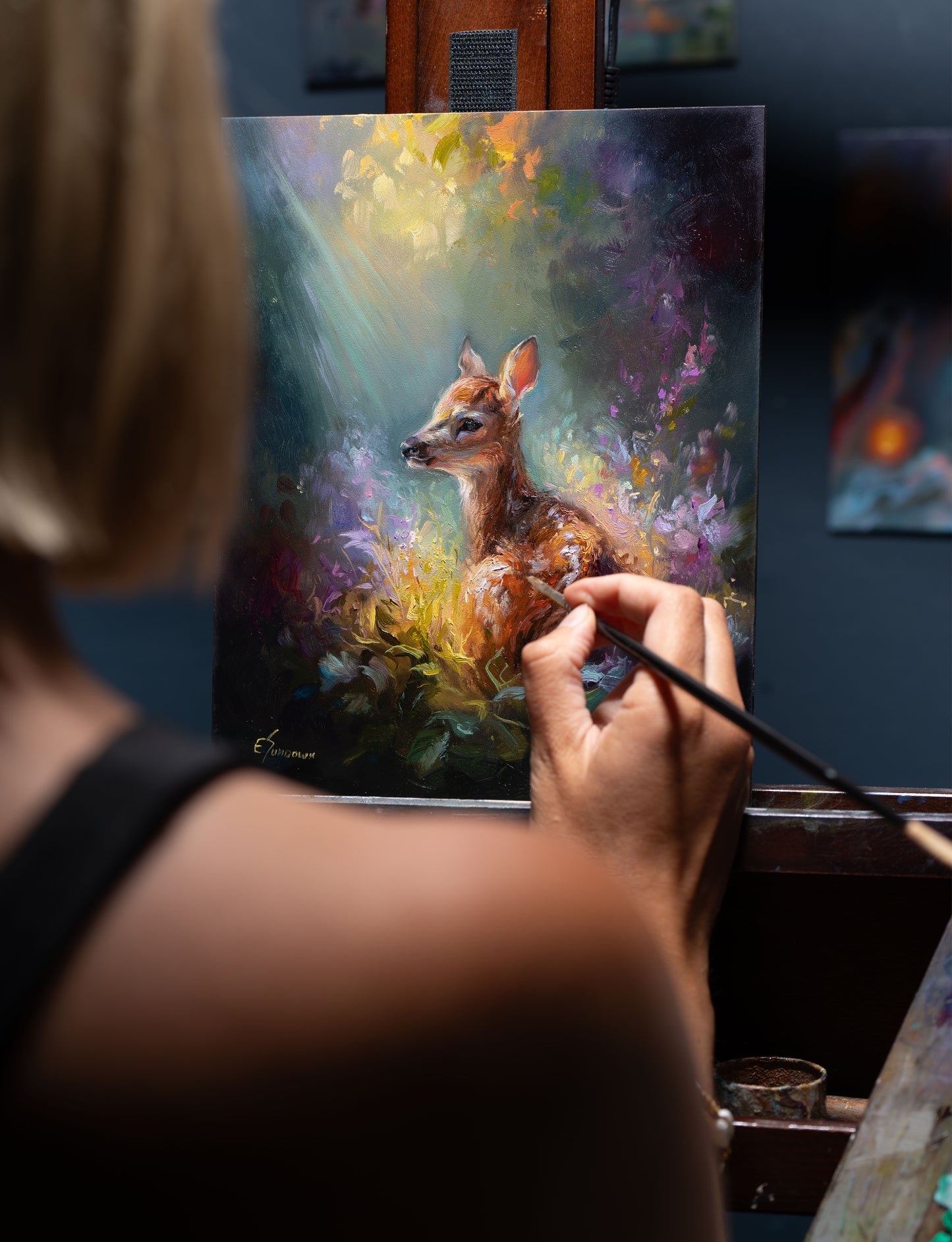 Quiet Glow – Original 8x10 Inch Oil Painting of a Fawn in Wildflowers by Eve Sundown