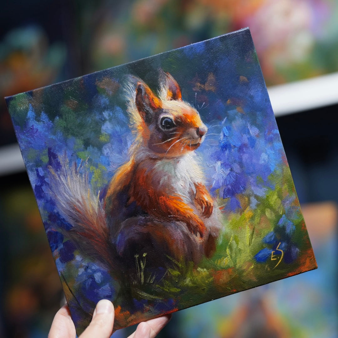 Squirrel in Bluebells – Original Oil Painting