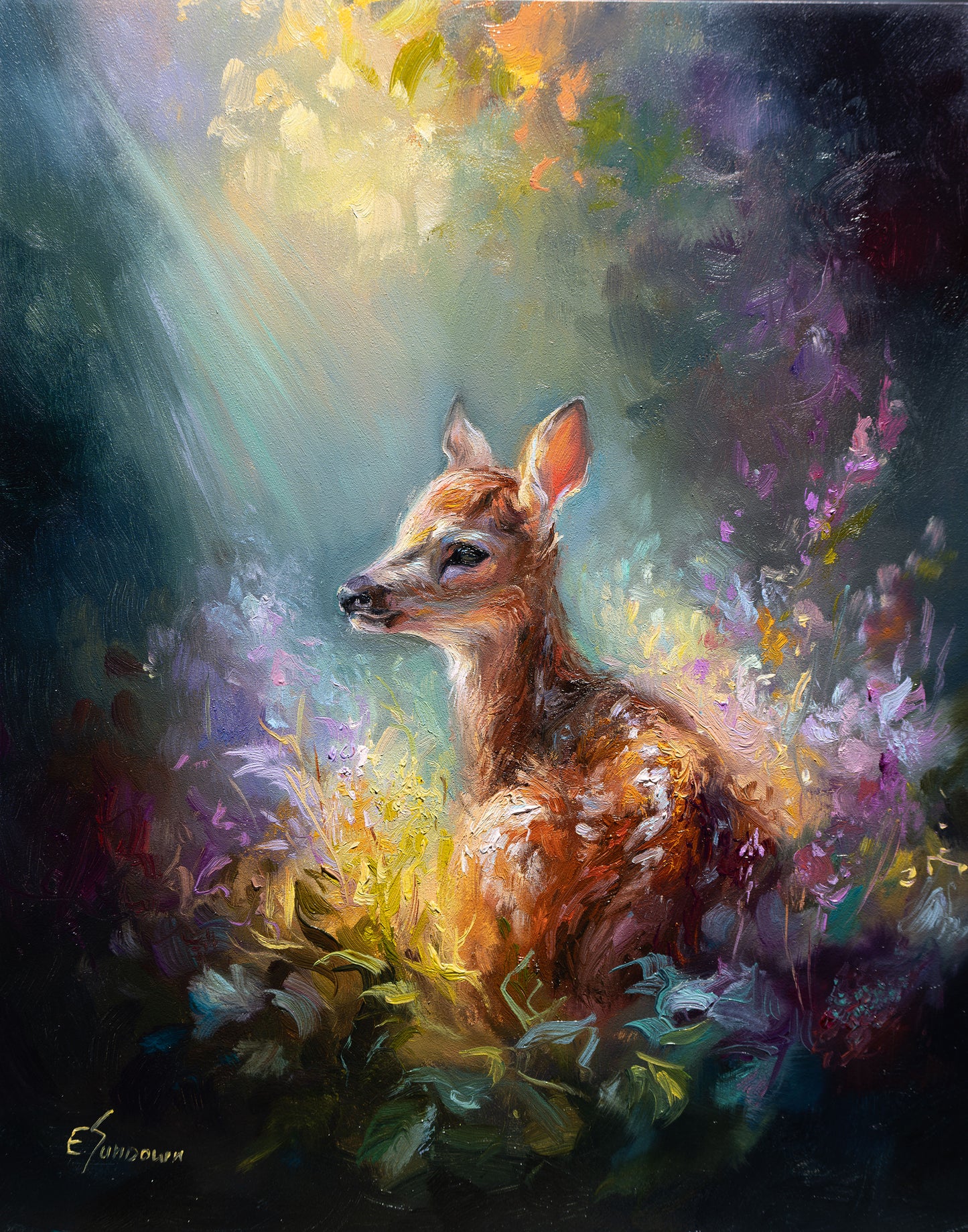 Quiet Glow – Original 8x10 Inch Oil Painting of a Fawn in Wildflowers by Eve Sundown