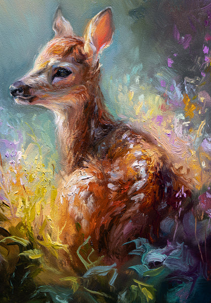 Quiet Glow – Original 8x10 Inch Oil Painting of a Fawn in Wildflowers by Eve Sundown