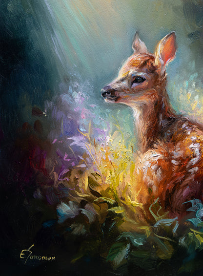 Quiet Glow – Original 8x10 Inch Oil Painting of a Fawn in Wildflowers by Eve Sundown
