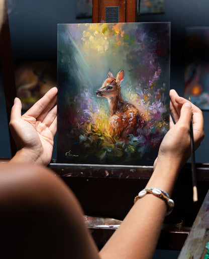 Quiet Glow – Original 8x10 Inch Oil Painting of a Fawn in Wildflowers by Eve Sundown