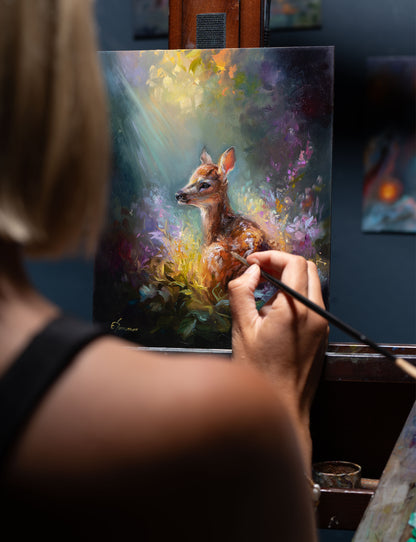 Quiet Glow – Original 8x10 Inch Oil Painting of a Fawn in Wildflowers by Eve Sundown