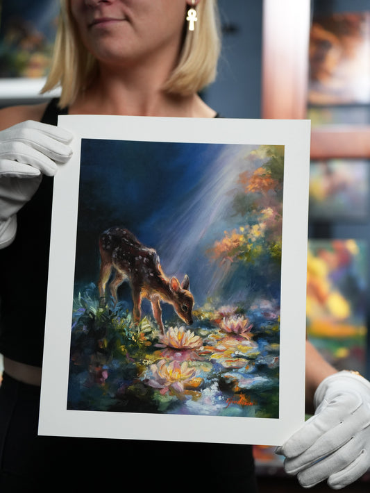 Where Water Lilies Glow – Limited Edition Fine Art Print ✨🦌🌸