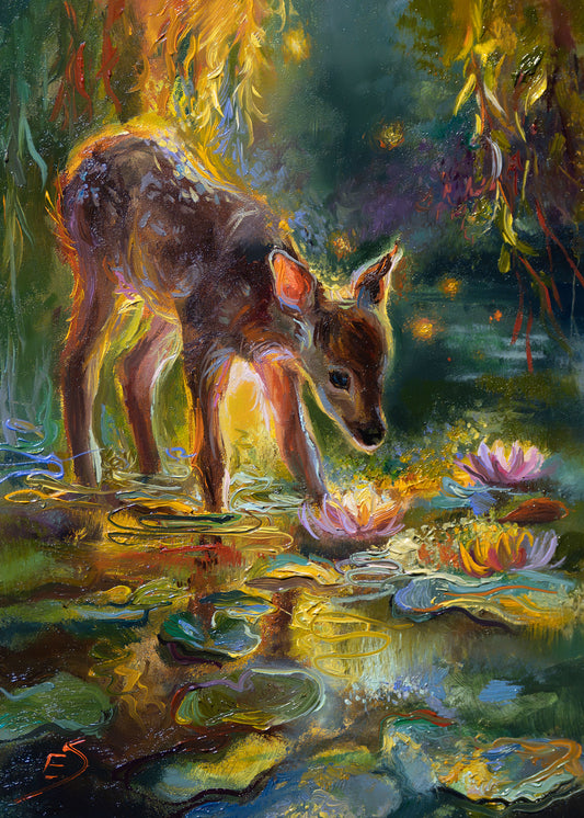 Fawn in waterlilies Original oil painting