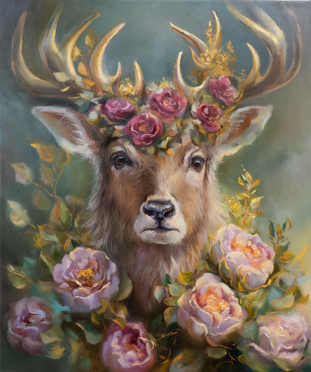 “Floral crowned Deer” Deer Original Painting