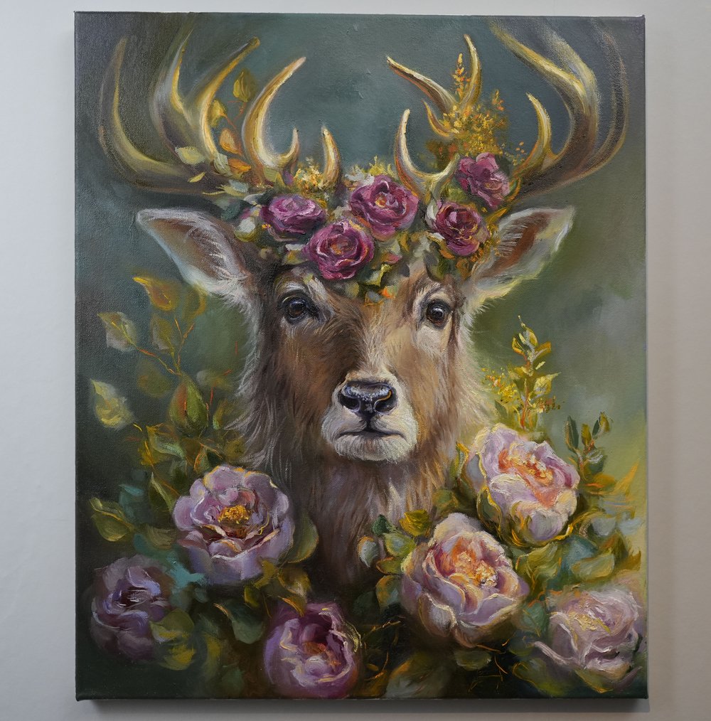 “Floral crowned Deer” Deer Original Painting