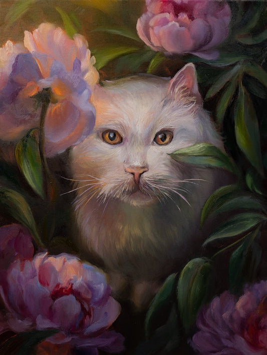 "Cat Among Peonies" Cat Original Oil Painting