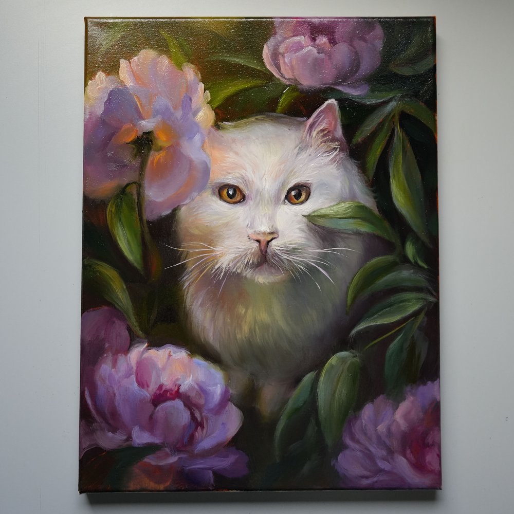 "Cat Among Peonies" Cat Original Oil Painting