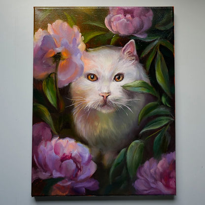 "Cat Among Peonies" Cat Original Oil Painting