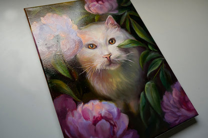 "Cat Among Peonies" Cat Original Oil Painting