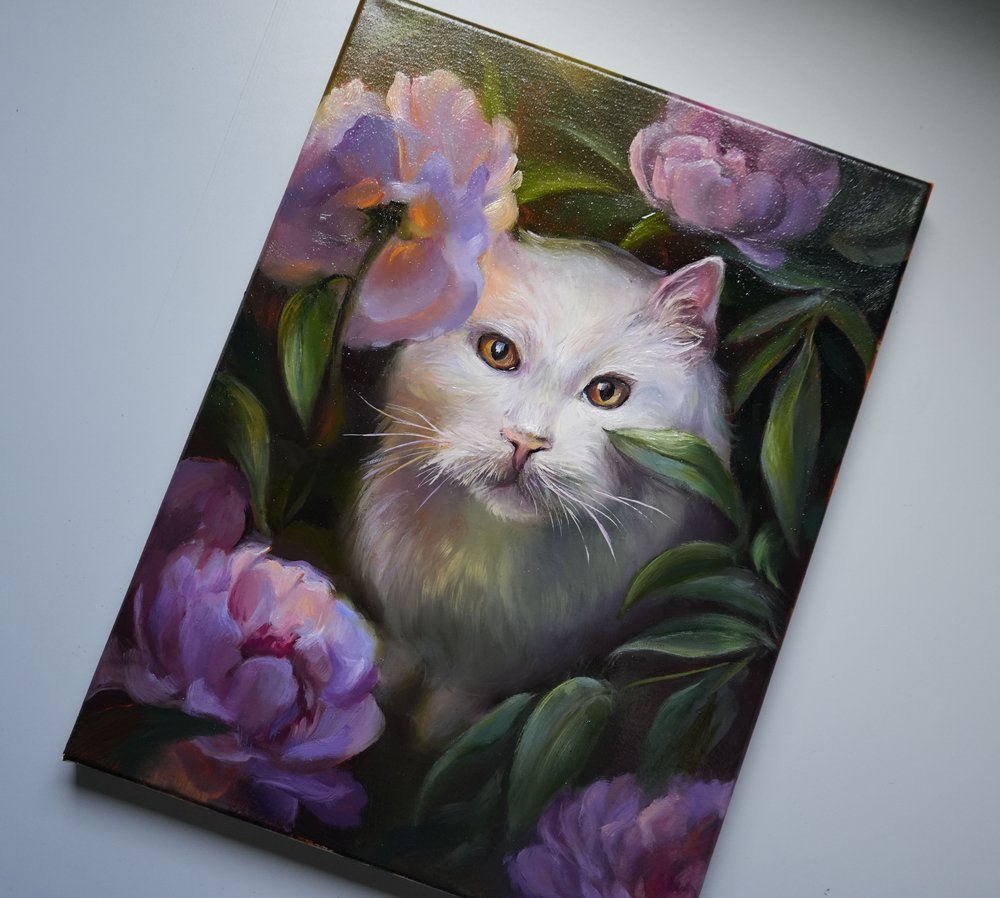 "Cat Among Peonies" Cat Original Oil Painting