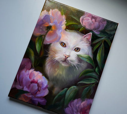 "Cat Among Peonies" Cat Original Oil Painting