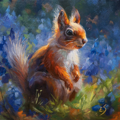 Squirrel in Bluebells – Original Oil Painting